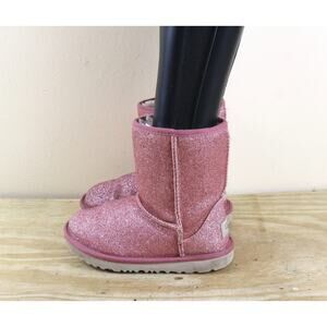 Ugg Boots Girls 12 Pink Classic II Glitter Shearling Lined Short Shoes